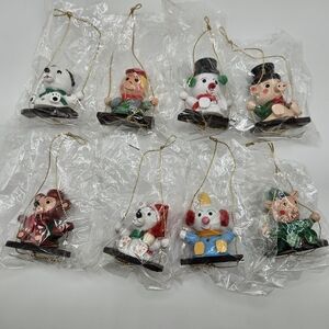 NEW VINTAGE Tree Swings Wooden Hanging Swing Ornaments Set 8 Snowman Clown Dog